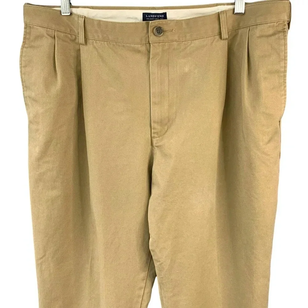 Lands' End Traditional Fit Pleated Chino Pants Men Size 38 Khaki Straight Leg